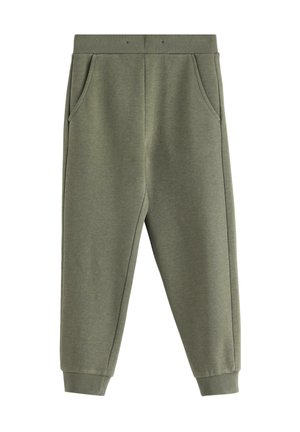 Olive green sweatpants made of soft fabric, featuring an elastic waist, two side pockets, and tapered cuffs at the ankles.