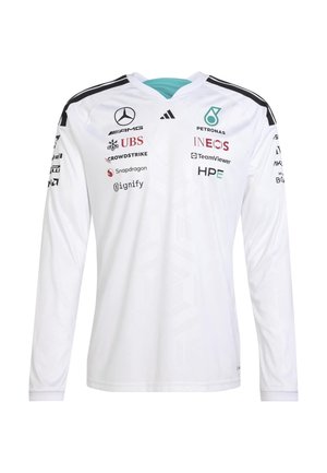 Maglia da corsa a maniche lunghe bianca con i loghi di Mercedes, Petronas, INEOS, UBS e altri sponsor sul davanti e sulle maniche.