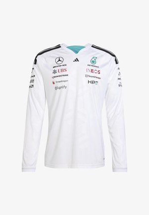 Maglia da corsa a maniche lunghe bianca con i loghi di Mercedes, Petronas, INEOS, UBS e altri sponsor sul davanti e sulle maniche.