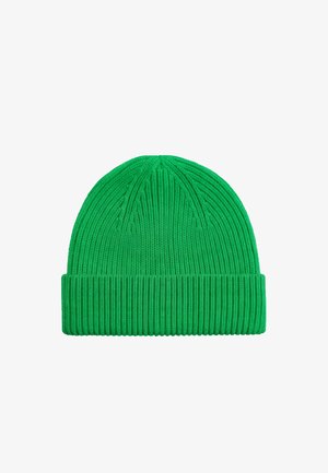 Green knit beanie hat with vertical ribbing and a folded cuff. Made of soft, flexible material, featuring seamless top and consistent color.