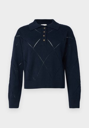 Maglione lavorato a maglia blu navy con scollatura a colletto, dotato di patta con bottoni, motivi a rombi e bordi a costine.