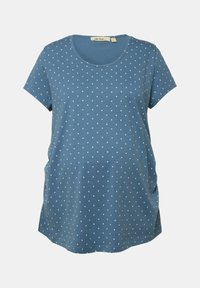Camiseta de maternidad de algodón azul con lunares blancos, de manga corta, cuello redondo y laterales fruncidos para un ajuste relajado.