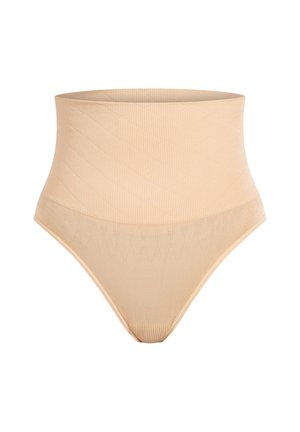 Culotte modelante taille haute beige avec texture côtelée, présentant un motif en diamant et des bords sans couture pour un ajustement lisse.