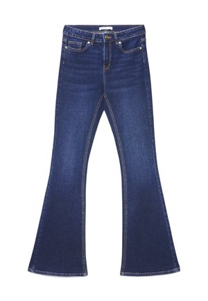 Dunkelblaue Schlagjeans aus Denim. Verfügt über fünf Taschen, kontrastierende Nähte und einen Bund mit Gürtelschlaufen. Glatte Textur.