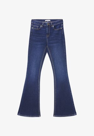 Dunkelblaue Schlagjeans aus Denim. Verfügt über fünf Taschen, kontrastierende Nähte und einen Bund mit Gürtelschlaufen. Glatte Textur.