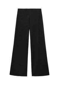 Pantaloni largi negri dintr-un material neted. Au talie înaltă și un design minimalist, fără buzunare vizibile sau embellishe.