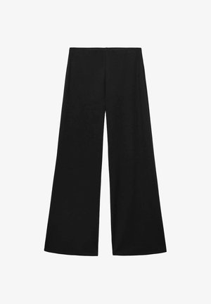 Pantaloni neri a gamba larga realizzati in un tessuto liscio. Presentano una vita alta e un design minimalista senza tasche visibili o decorazioni.