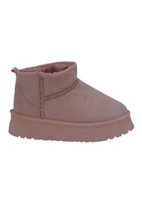 Stivale alla caviglia in suede rosa con un interno morbido e foderato in pelliccia, design minimalista, punta arrotondata e una suola in gomma spessa con grip testurizzato.