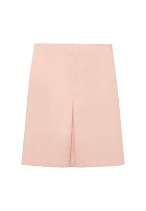 Ljusrosa pennkjol med rak skärning, utrustad med en frontslits för rörelsefrihet och rena sömmar på fållen. Mjuk textur.