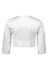 Weißes kurzes Satin-Bolero mit langen Ärmeln und kleinen Schlitzen an den Bündchen, von hinten gezeigt.