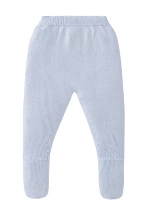 Pantalon bébé tricoté bleu clair avec pieds inclus, doté d'une ceinture élastique côtelée pour un ajustement parfait.