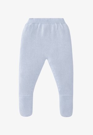 Pantalon bébé tricoté bleu clair avec pieds inclus, doté d'une ceinture élastique côtelée pour un ajustement parfait.