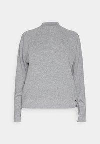 Pull en maille gris clair avec manches longues, poignets et ourlet côtelés, et un col montant court.