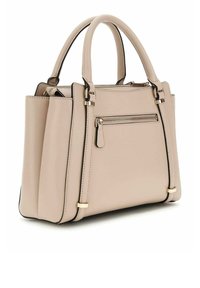 Sac à main beige clair avec double poignées, fermeture zippée sur le dessus et poche zippée à l'avant. Caractéristiques en métal doré et design structuré.