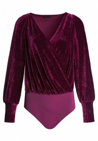 Pluche, diep paarse catsuit met een textuur, gewikkelde top en lange mouwen, overgaand in een gladde, effen paarse onderkant.
