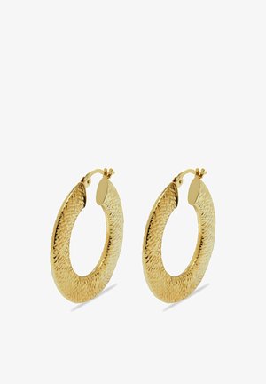 Paar goldfarbene, strukturierte Creolen mit Stegverschluss, oval geformt mit leicht gehämmerter Oberfläche.