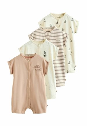 Fire kortærmede babybodys i neutrale toner med knapper foran og prints af sutteflasker, striber og teksten "milk club".