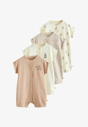 Quatre grenouillères à manches courtes pour bébé dans des tons neutres, avec des boutons sur le devant et des imprimés de biberons, rayures et le texte "milk club".