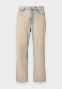 Light beige denim jeans with a straight leg design, faded blue accents, five pockets, and a button closure at the waist.