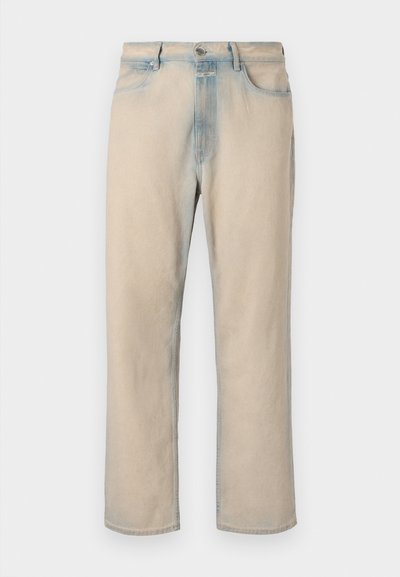 Jeans in denim beige chiaro con design a gamba dritta, accenti blu sbiaditi, cinque tasche e chiusura con bottone in vita.