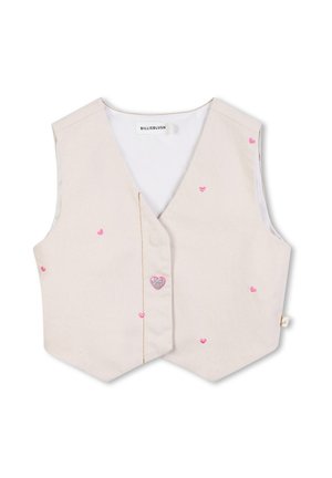Beige katoenen vest met een V-hals, versierd met roze geborduurde hartjes en één glitterend hartaccent. Effen voering, geen zichtbare sluitingen.