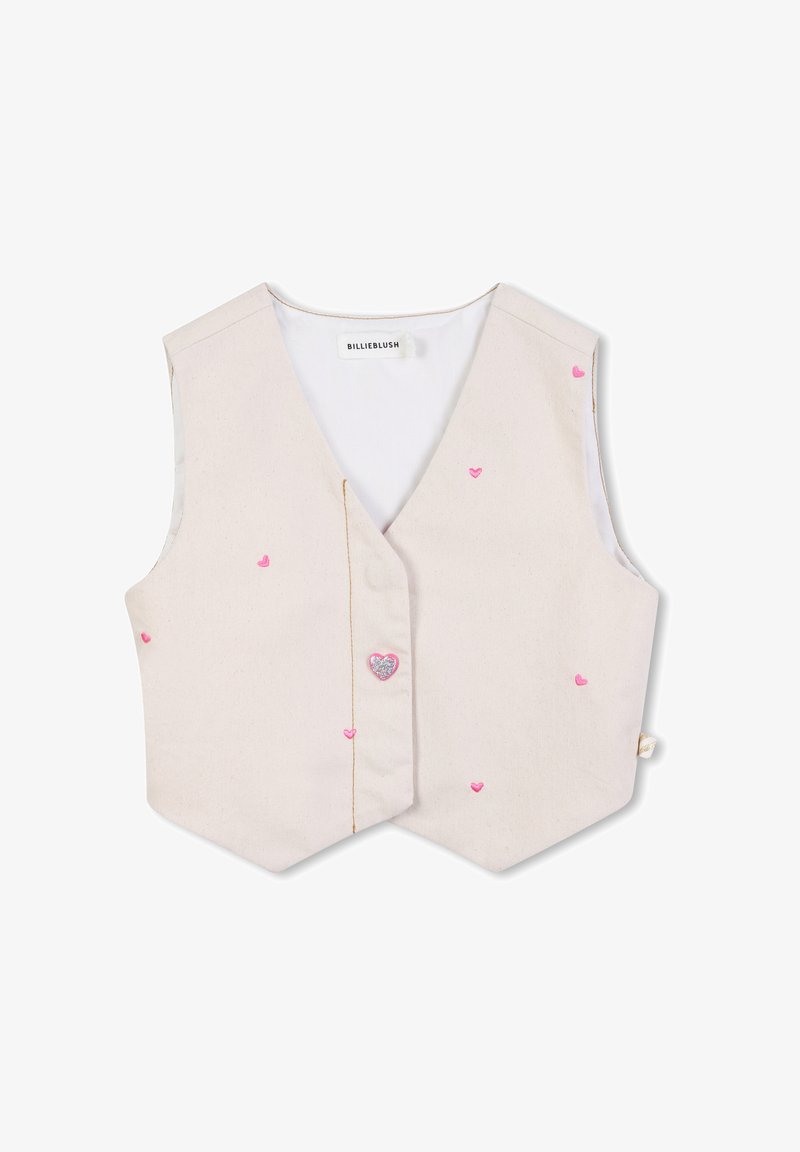Gilet en coton beige avec un col en V, comportant des cœurs brodés roses et un accent en forme de cœur scintillant. Doublure unie, sans fermetures visibles.