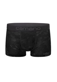 Schwarze Boxershorts mit einem Camouflage-Muster, ausgestattet mit einem breiten, elastischen Bund, der in Grau mit "camano" beschriftet ist. Hergestellt aus einem glatten Stoff.