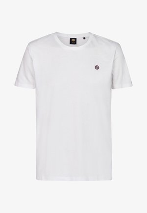 Camiseta de algodón blanca con mangas cortas, escote redondo y un pequeño logotipo circular en color burdeos en el área del pecho izquierdo.