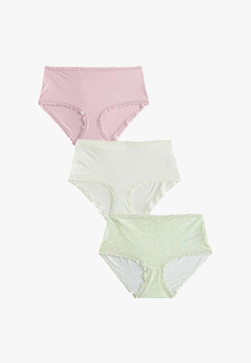 Tre paia di biancheria intima femminile nei colori pastello: rosa chiaro, bianco e verde con un motivo floreale. Tutti presentano dettagli di pizzo e un design a copertura totale.