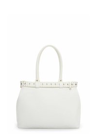 Borsa tote in pelle bianca con forma strutturata, caratterizzata da un dettaglio di cintura traforata nella parte superiore. Due manici arrotondati, texture liscia.