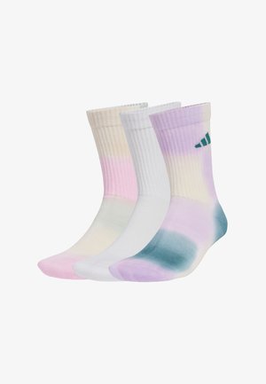Tres pares de calcetines de tripulación: uno en color crema con rosa pastel, uno blanco sólido y uno en degradado púrpura. El material es de punto suave con puños acanalados.