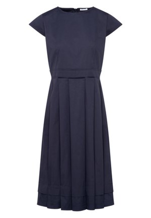 Marineblaues, knielanges Kleid mit kurzen Ärmeln, tailliertem Schnitt, plissiertem Rock und einem Reißverschluss hinten.