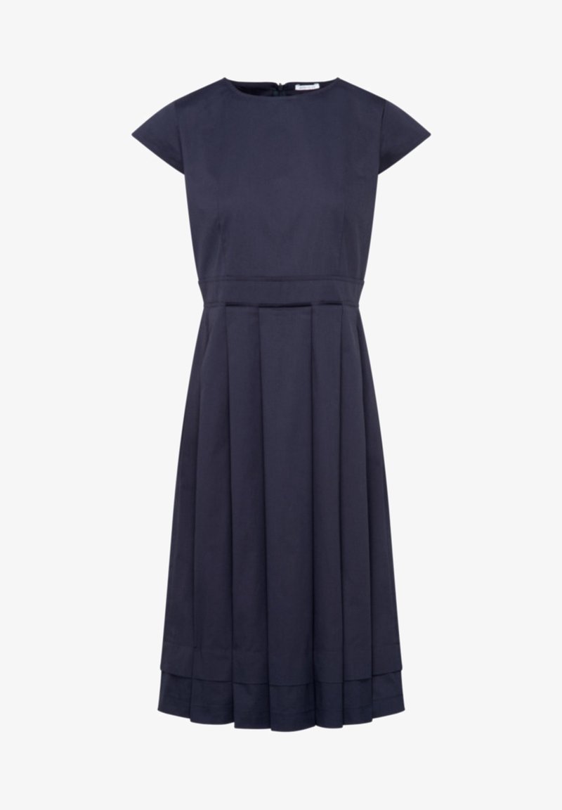 Robe bleu marine longueur genoux avec manches courtes, taille cintrée, jupe plissée et fermeture éclair au dos.
