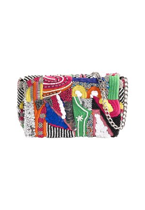 Colorful, intricately textured handbag with various patterns. Features a chain strap, sequins, and embroidery in pink, green, blue, and black.