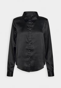 Camicia nera a maniche lunghe realizzata in morbido tessuto di satin, con colletto classico, chiusura con bottoni e orlo arrotondato.