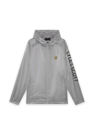 Veste légère grise à capuche avec fermeture éclair complète à l'avant, logo oiseau jaune sur la poitrine et texte "LYLE & SCOTT" sur la manche droite.
