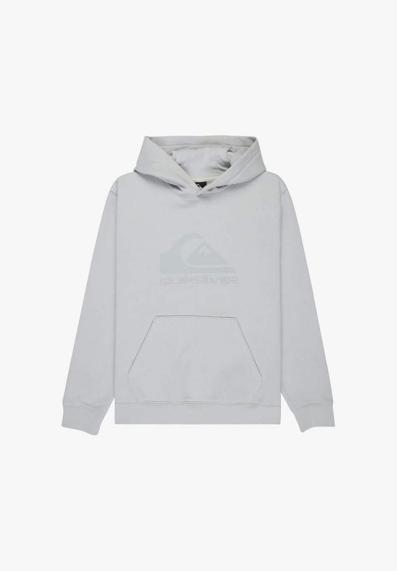 Sweat à capuche gris clair avec poche kangourou à l'avant et logo discret de Quiksilver sur la poitrine.