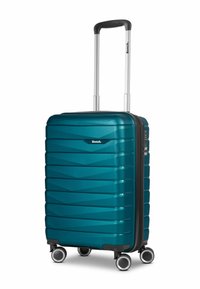 Türkise Hartschalenkoffer mit Chevron-Struktur, ausziehbarem Griff, vier schwarzen und weißen Rädern sowie einem Reißverschluss, mit der Marke "Bench."