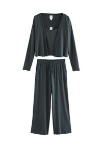 Dark gray loungewear set featuring a cropped long-sleeve top and wide-leg pants, made of soft, lightweight fabric with a relaxed fit.