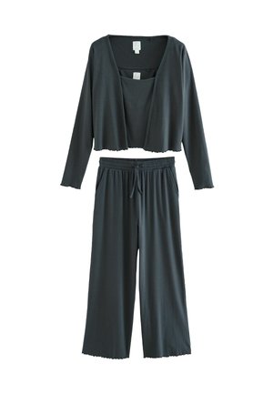 Dark gray loungewear set featuring a cropped long-sleeve top and wide-leg pants, made of soft, lightweight fabric with a relaxed fit.