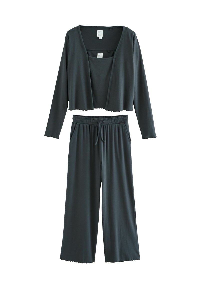 Dark gray loungewear set featuring a cropped long-sleeve top and wide-leg pants, made of soft, lightweight fabric with a relaxed fit.