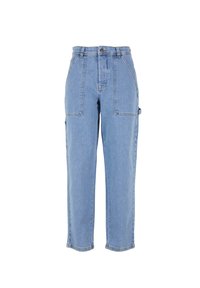 Helles blaues Denim-Cargohose mit hoher Taille, seitlichen Taschen und geradem Bein. Verfügt über verstärkte Nähte und eine subtile Textur.