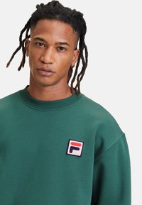 Felpa verde in cotone, con colletto a coste e una toppa logo rettangolare in rosso, bianco e blu sul lato sinistro del petto.