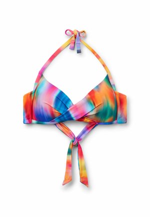 Bikini-Oberteil in mehreren Farben mit Wickeldesign, das lebendige Farbverläufe in Pink, Blau und Orange aufweist, sowie verstellbare Bindebänder.