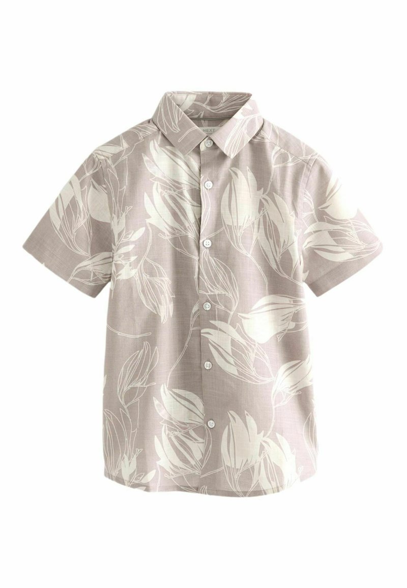 Camicia a maniche corte con bottoni in tessuto grigio chiaro con un motivo floreale bianco. Presenta un colletto classico e una pattina con bottoni standard.