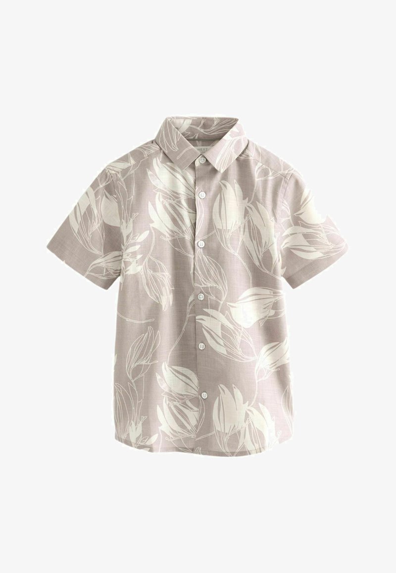 Šviesiai pilkas trumpomis rankovėmis marškinėliai su balta gėlių raštu. Pasižymi klasikiniu apvaliu apykakle ir standartine mygtukų eile.