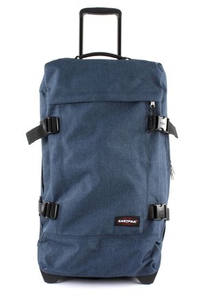 Blue fabric rolling backpack with a telescopic handle, buckle closures, and side straps. Features a textured finish and logo patch.