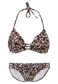 Biquini de estampado de leopardo con un top triangular que presenta tirantes negros y un nudo al cuello, combinado con braguitas a juego que tienen cortes laterales.