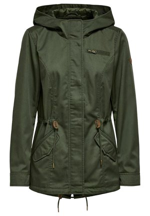 Veste à capuche vert foncé avec fermeture éclair avant, poche zippée sur la poitrine, cordons de serrage ajustables à la taille et poches latérales à rabat.