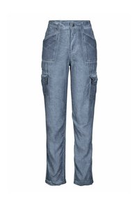 Mėlynai pilki krovininiai šortai su keliais kišenėmis, mygtukų ir užtrauktuko uždarymu, tiesaus kirpimo.